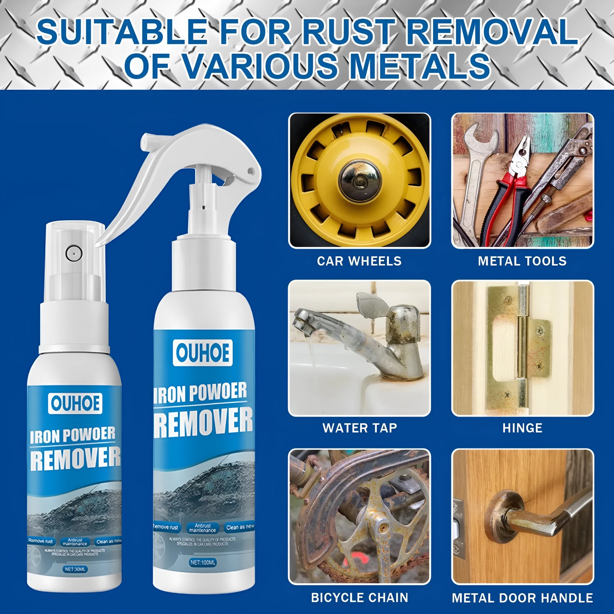 Car rust remover spray bottle with blue square sponge and towel applicators for automotive surface treatment