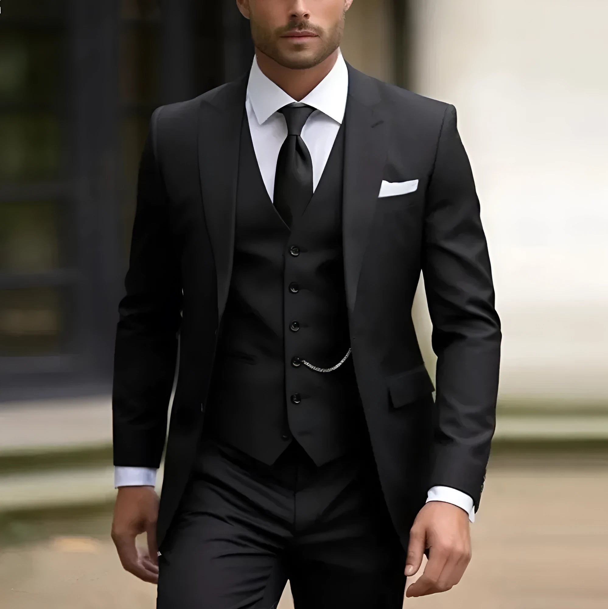 Men's three-piece slim fit business suit with vest in polyester blend fabric