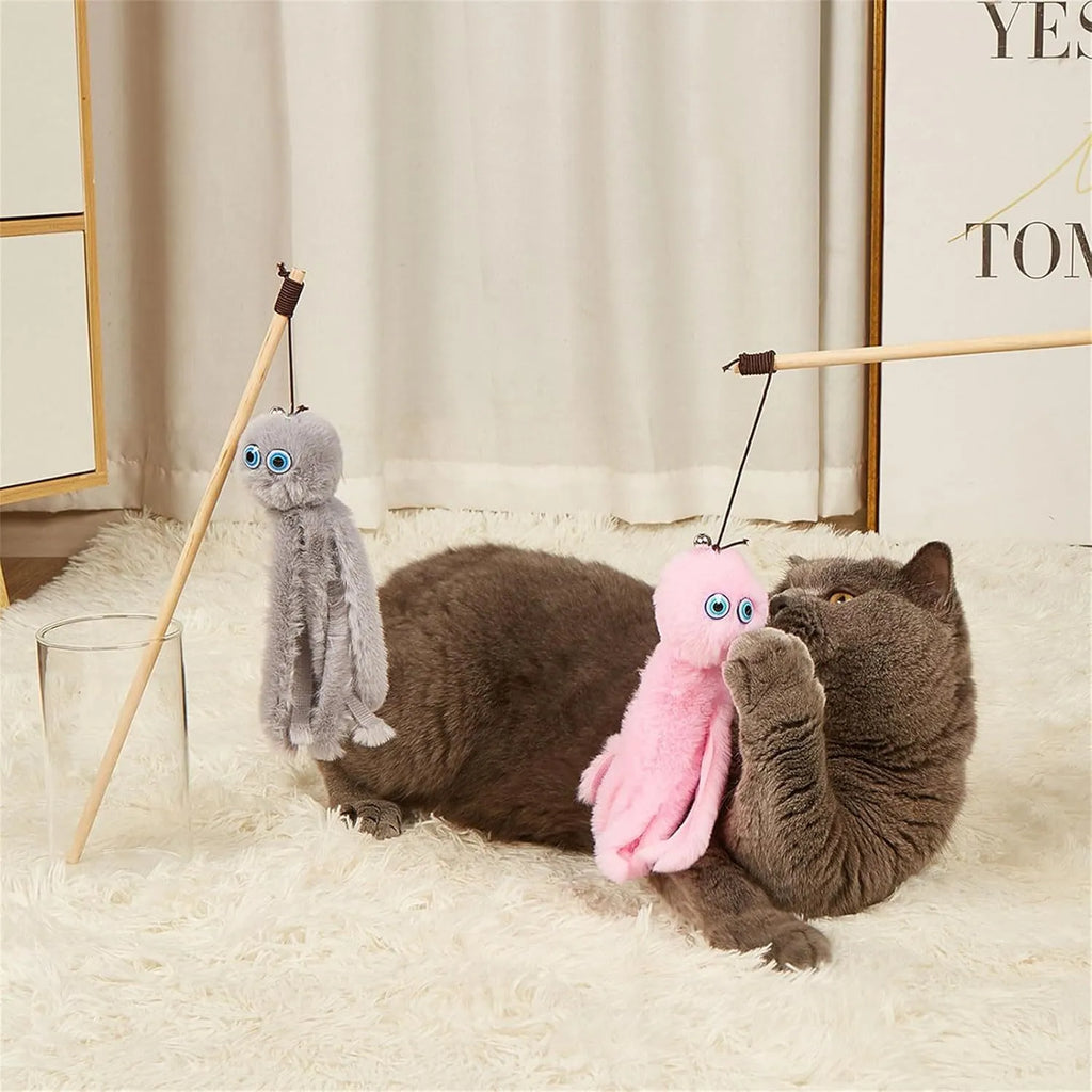 Octopus design cat toy with long stick wand for indoor kitten play in multiple colour options