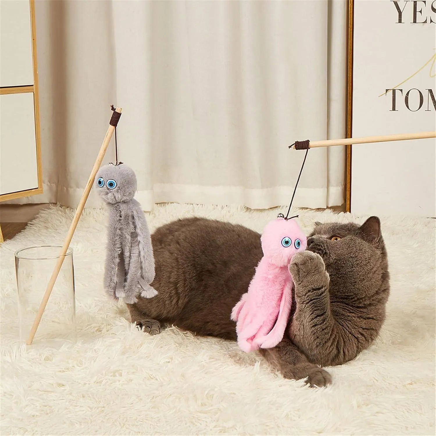 Octopus design cat toy with long stick wand for indoor kitten play in multiple colour options