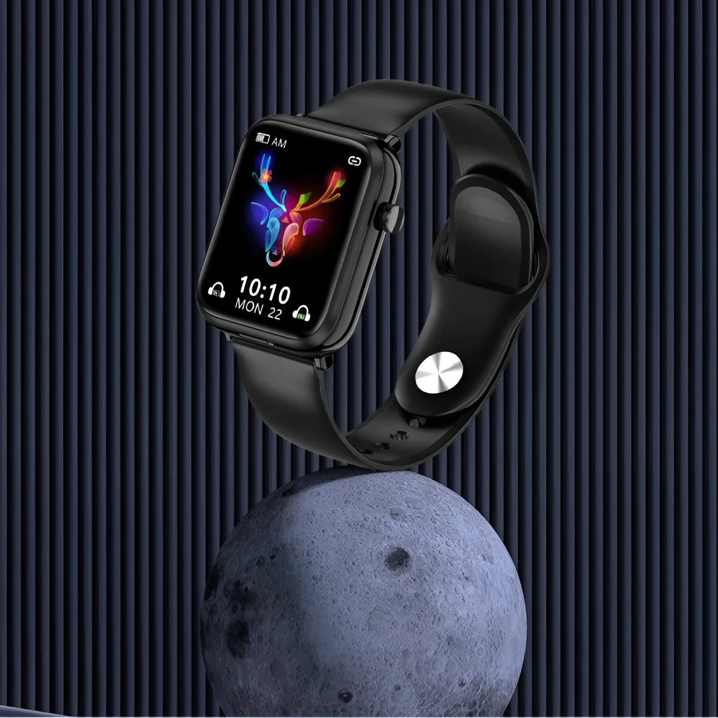 Black zinc alloy smartwatch with a 1.69-inch touch screen displaying a heart rate graph.