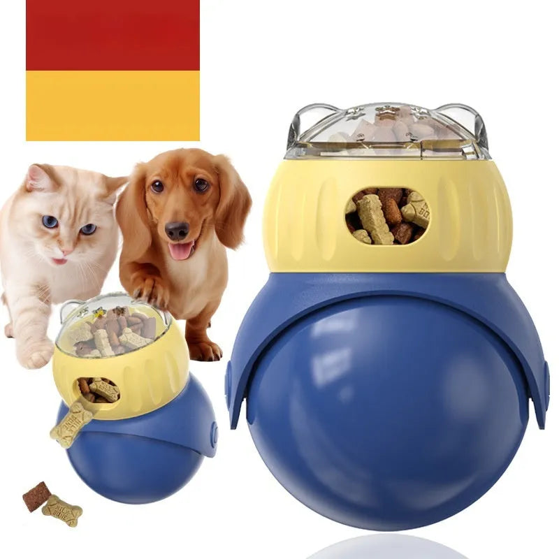 Owl-shaped plastic cat puzzle feeder in Morandi yellow and blue colours