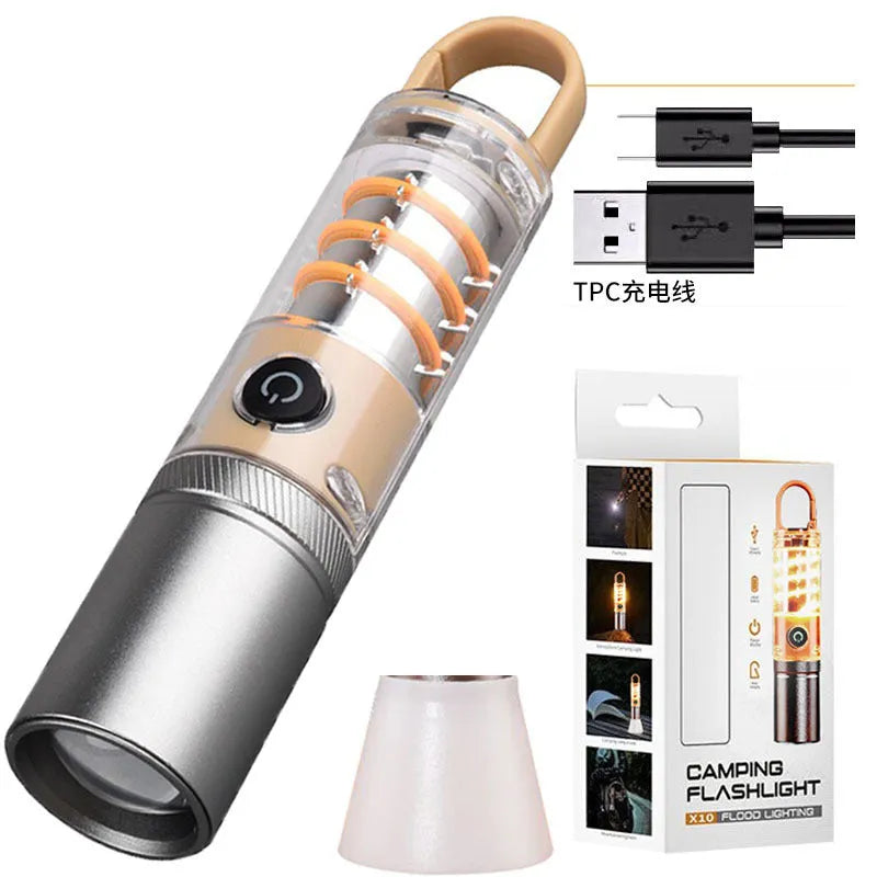Orange and beige multifunctional LED torch with optical zoom lens and keychain hook