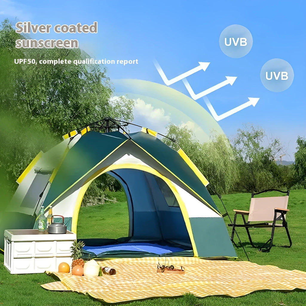 Dark green silver glue camping tent with automatic quick-open deployment for 3-4 people