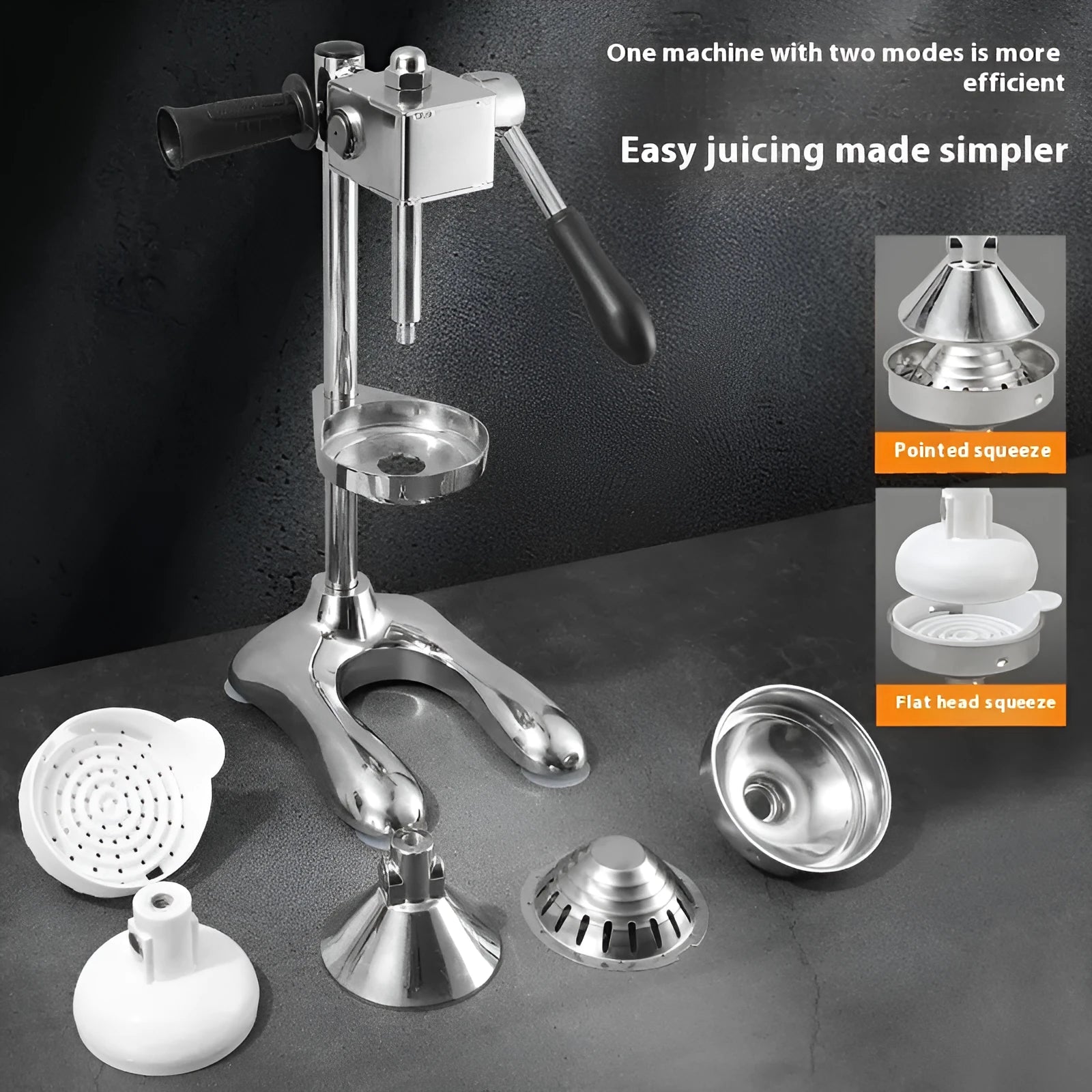 Stainless steel manual vertical juicer on a countertop, showing options for black, silver, orange, white, and electroplated finishes with pointed, flat, and double head tips.