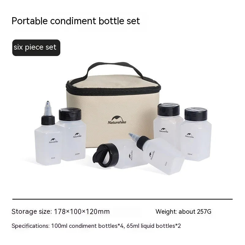 Naturehike six-piece PP plastic portable seasoning bottle set for outdoor cooking and picnics.