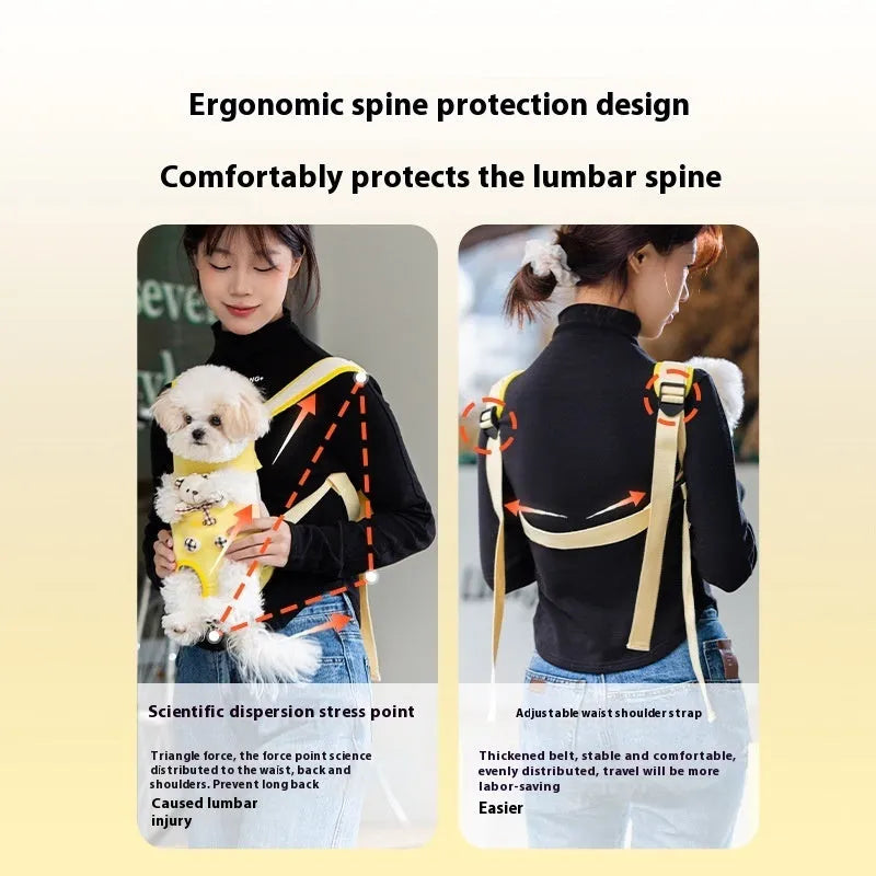 Cartoon animal pet chest bag in soft canvas with ribbon trim, available in four sizes and colour patterns