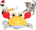 Red or blue electronic crawling crab dog toy with lights on a floor.