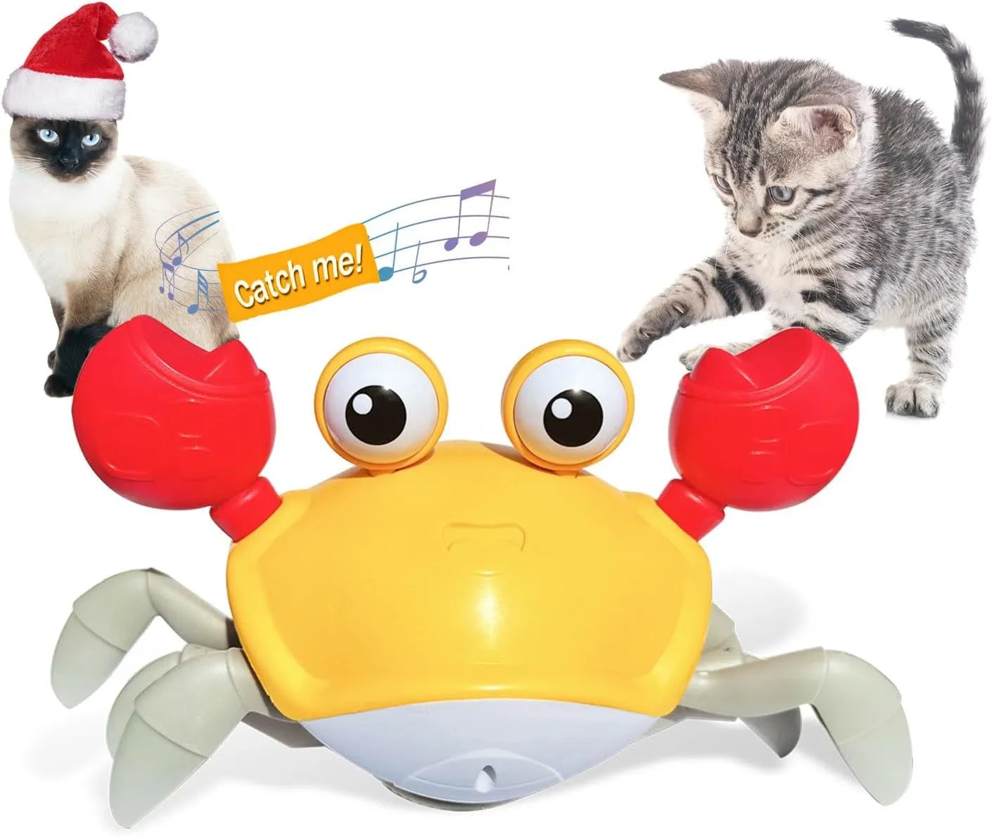 Red or blue electronic crawling crab dog toy with lights on a floor.