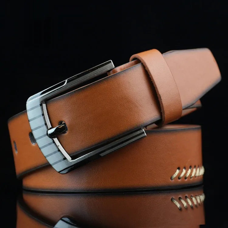 Men's black threading pattern casual belt with an alloy pin buckle, shown at 110cm length.