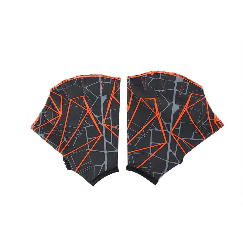 Duck feet webbed swimming gloves in nylon material showing colour print options