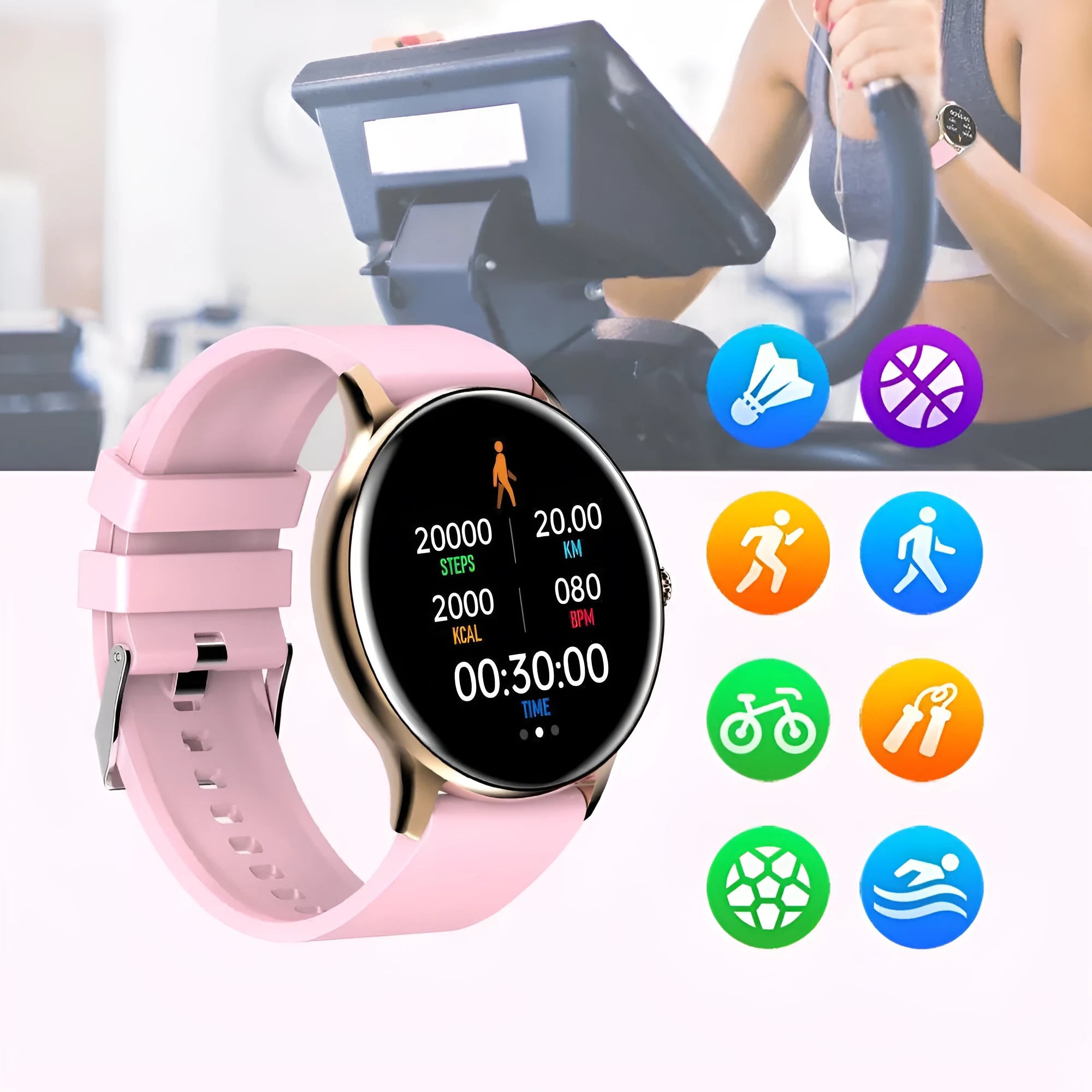 Smart watch with blood pressure monitoring on black silicone wristband showing touch screen display