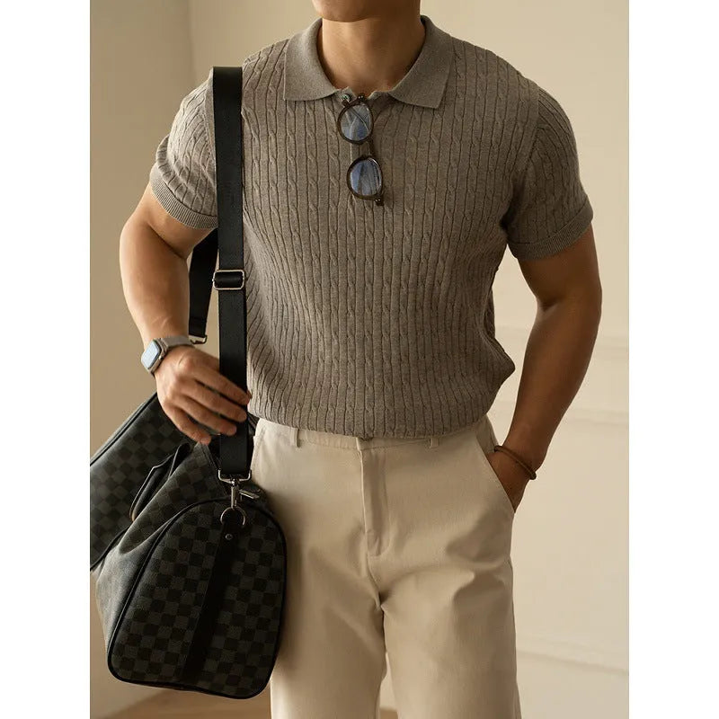 Men's khaki coloured short sleeve business top made from a polyester blend fabric.