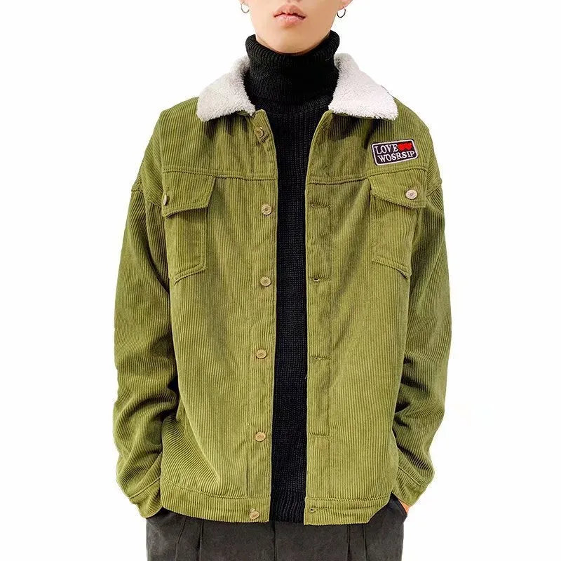 Men's corduroy workwear jacket in loose-fit design with size stick pockets, shown in khaki colour option