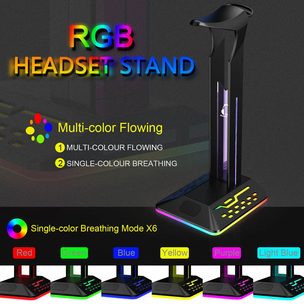 RGB headphone bracket with dual USB ports and customisable lighting on desk with headphones