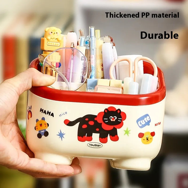 Cartoon design plastic desktop organiser with storage box, pen container, tissue box and coin bank accessories in red and brown colours