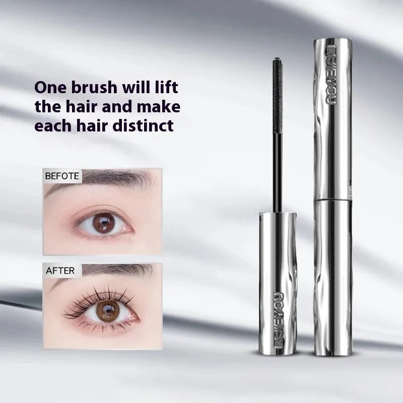 Waterproof steel tube mascara with black or brown shades and optional eyelash curler