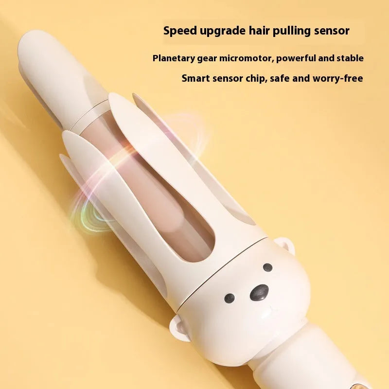 Beige automatic hair curler with rotating barrel and negative ion technology