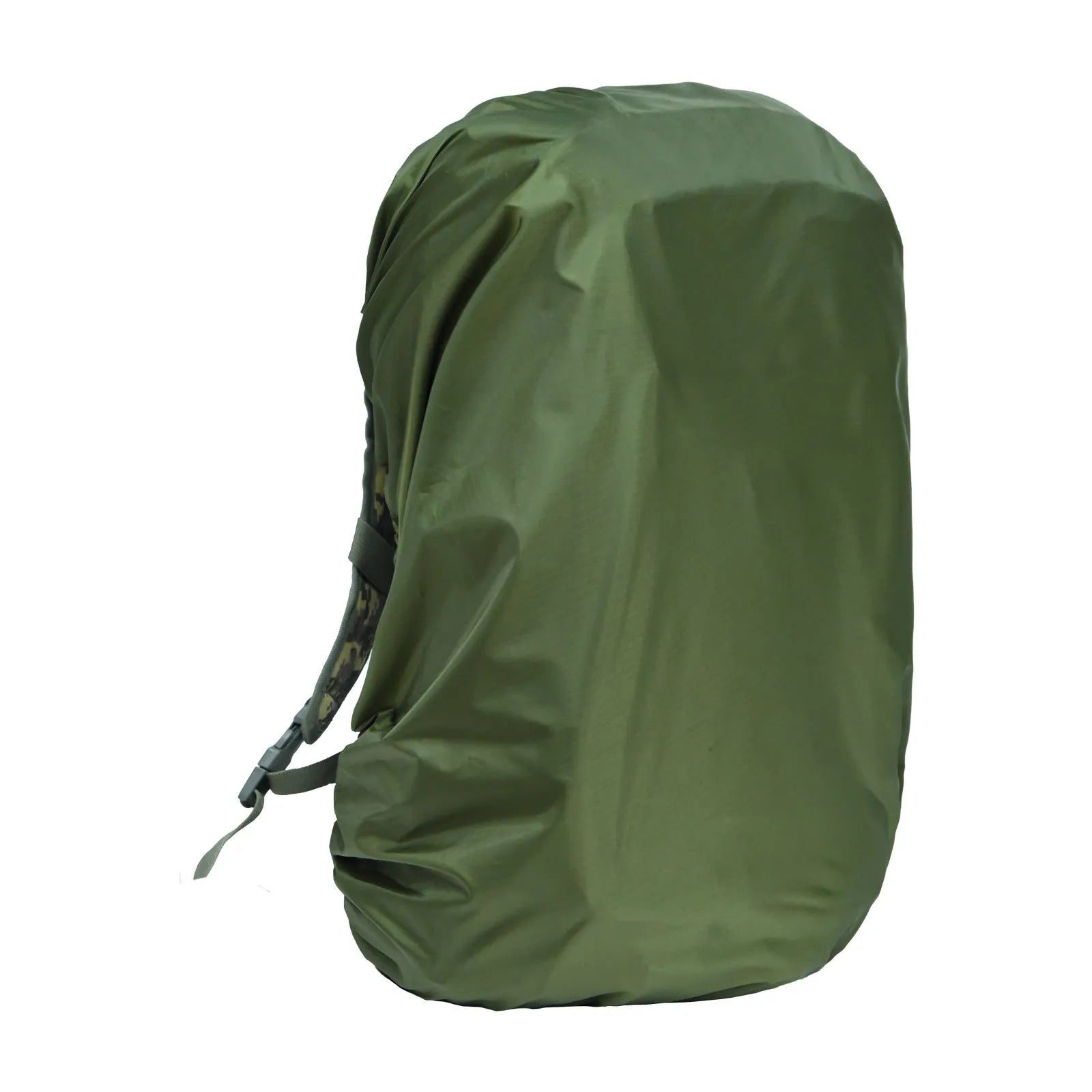 Army green Pu material backpack rain cover shown unfolded, suitable for 80-litre packs.
