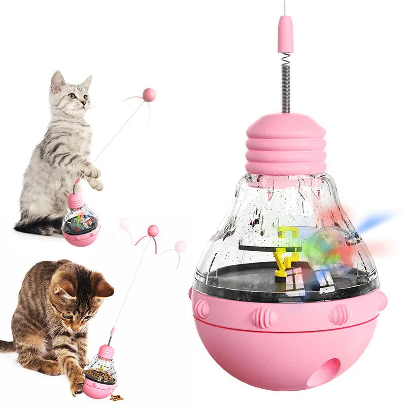 Interactive cat wand toy with slow feed dispenser in yellow colour with bouncing teaser and light-up balls