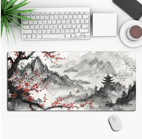 Anime pattern gaming mouse pad with non-slip rubber base on desk surface