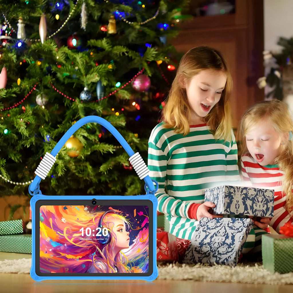 Sapphire blue silicone protective case for a 7-inch children's tablet on a table.