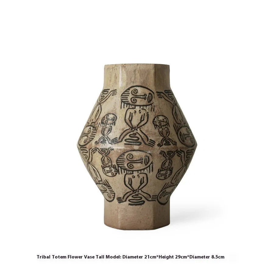 Hand-painted ceramic cylindrical vase with tribal totem flower patterns