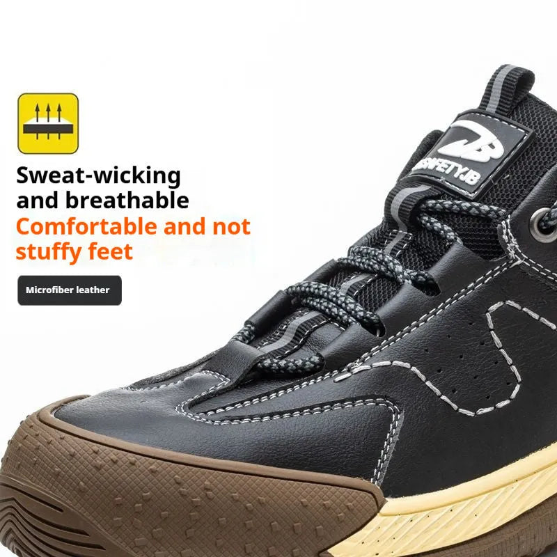 Men's Flyknit leather work safety shoes with a rubber sole in black, shown in a side profile.