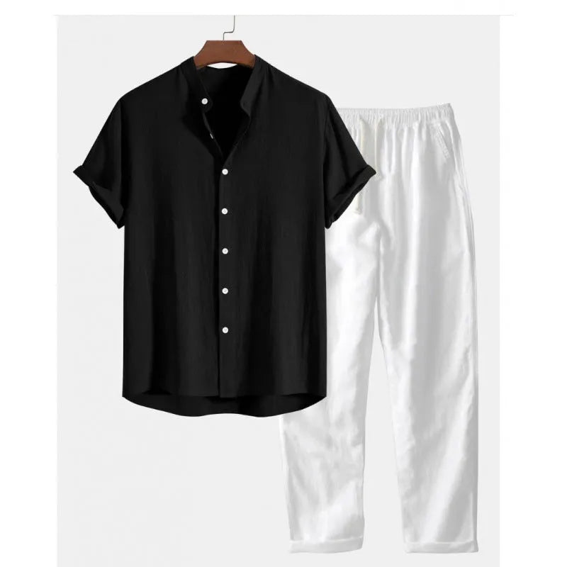 Men's casual short sleeve shirt and trousers suit in polyester linen fabric with loose fit