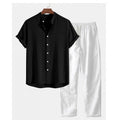 Men's casual short sleeve shirt and trousers suit in polyester linen fabric with loose fit