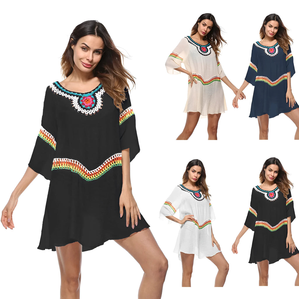 Crocheted acrylic beach cover-up in ethnic style for swimming and sun protection