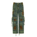 Loose cargo denim trousers with gradient colour pockets in retro blooming design