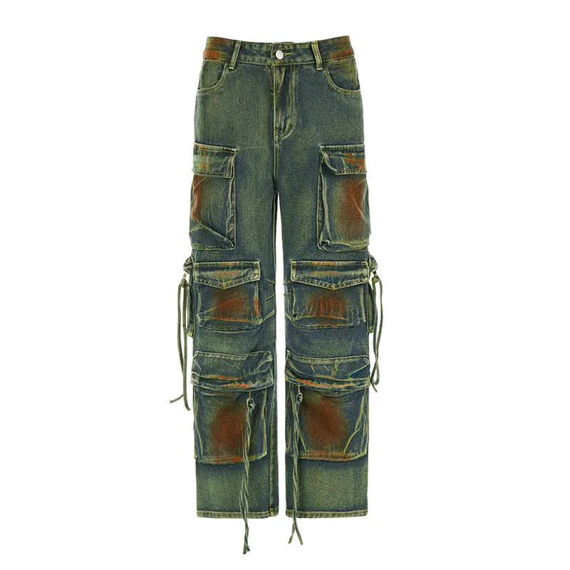 Loose cargo denim trousers with gradient colour pockets in retro blooming design