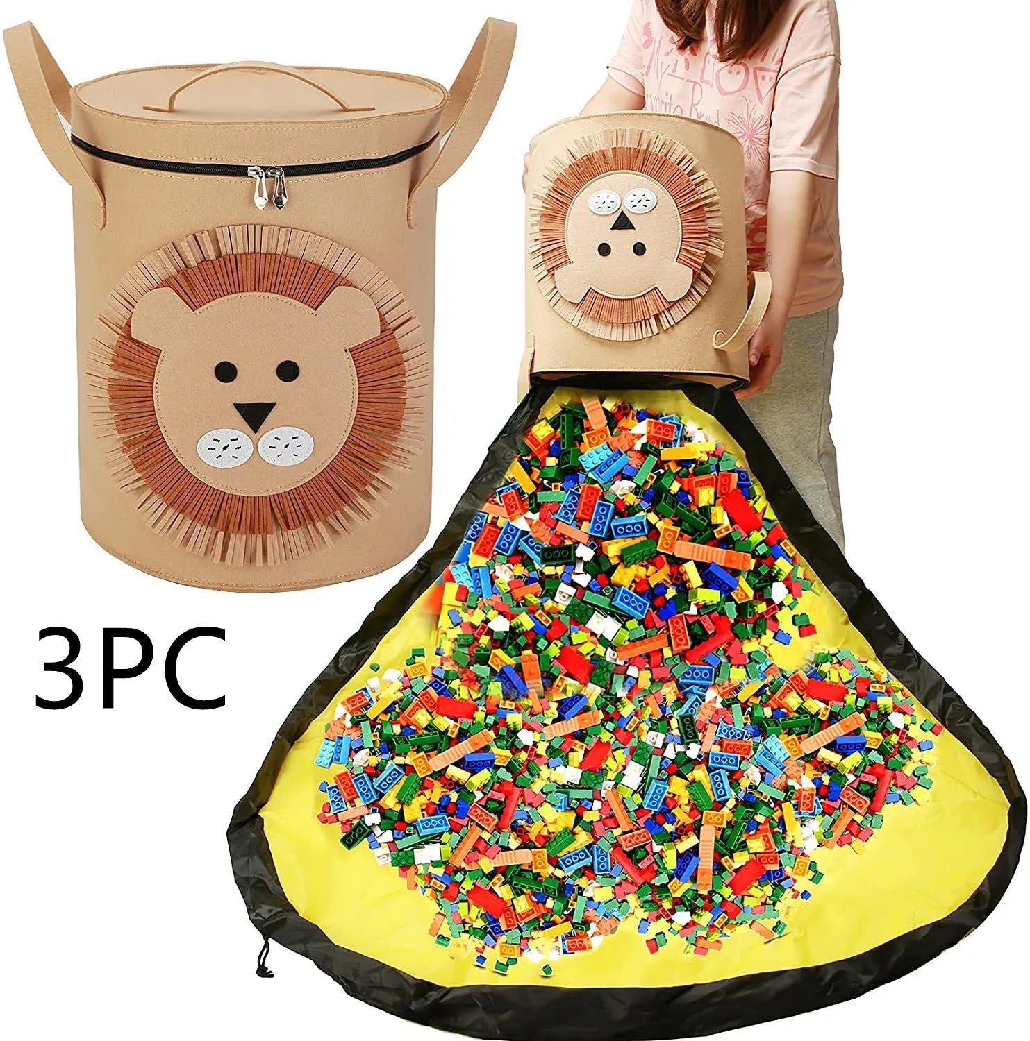 Green felt cube storage bag with pull rope serving as toy organiser and play mat