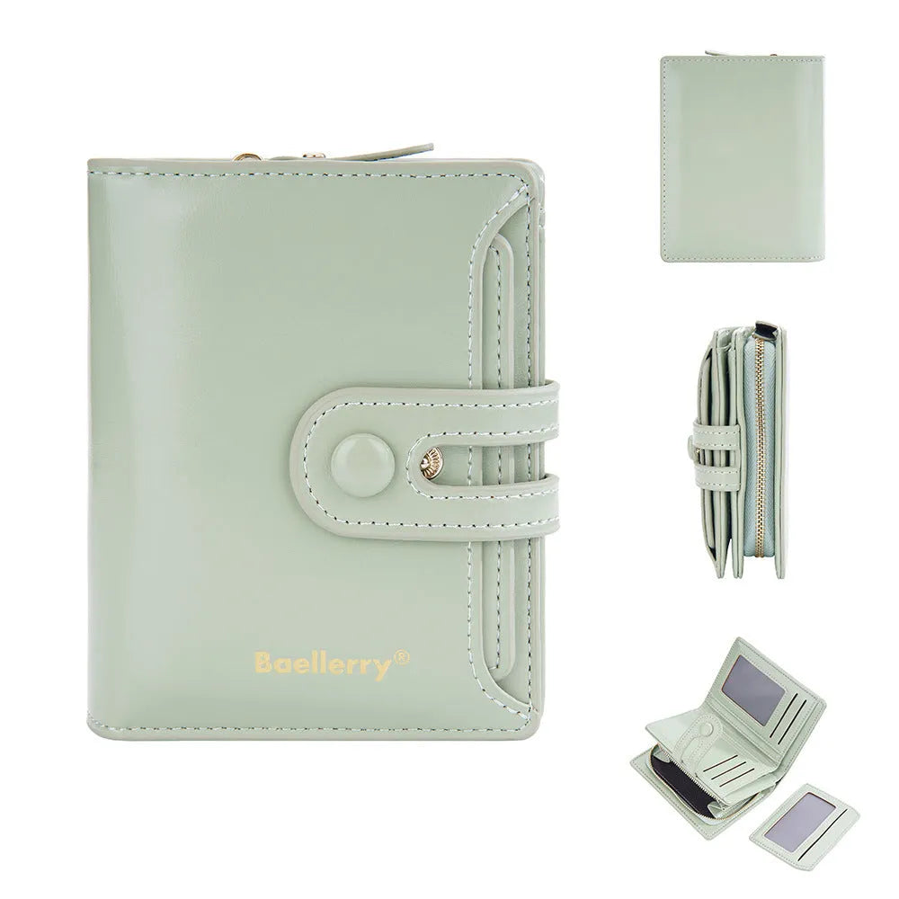 Women's PU leather card holder wallet showing colour options including lake water green and yellow brown