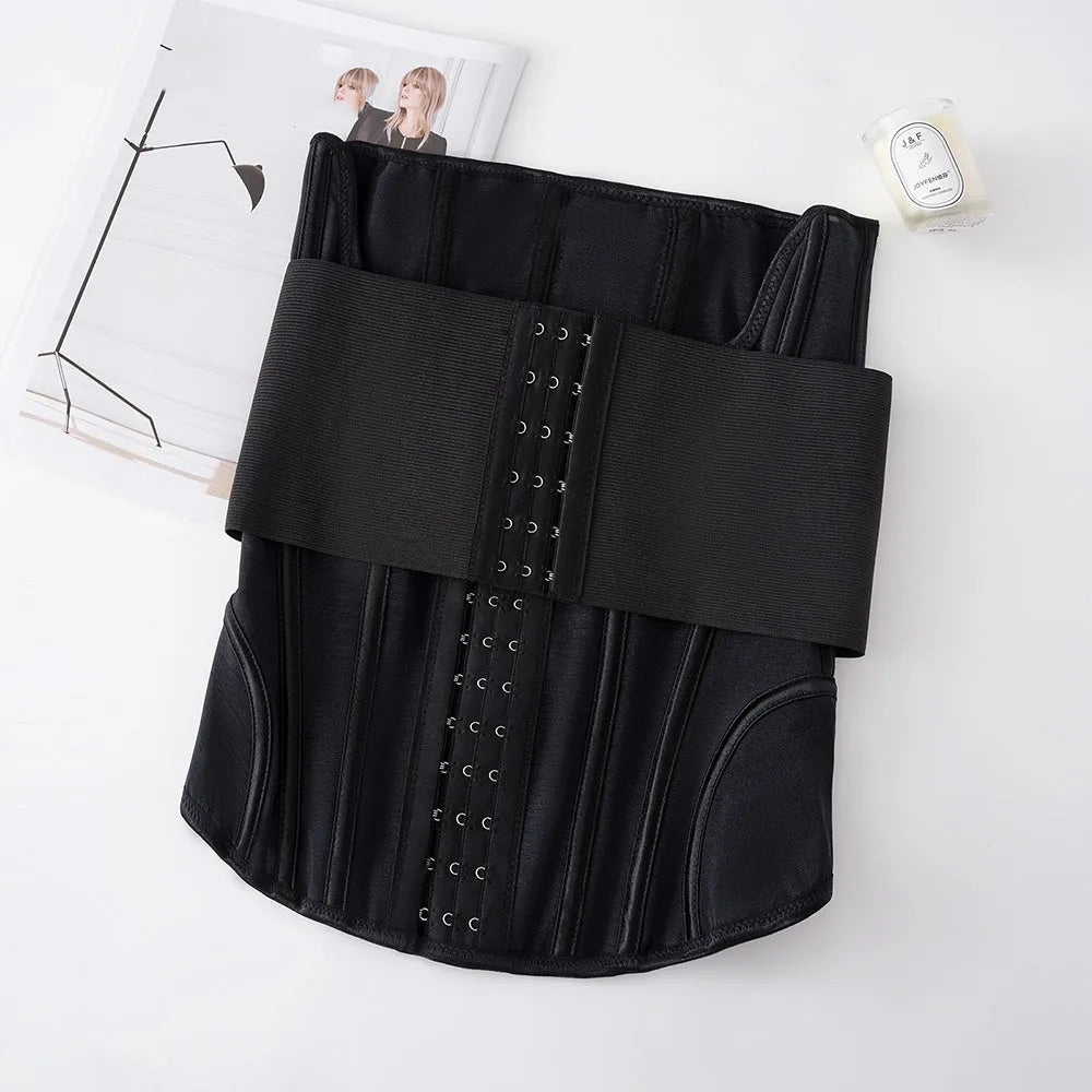 Nylon belly band waist trainer for tummy slimming in black and apricot colours.