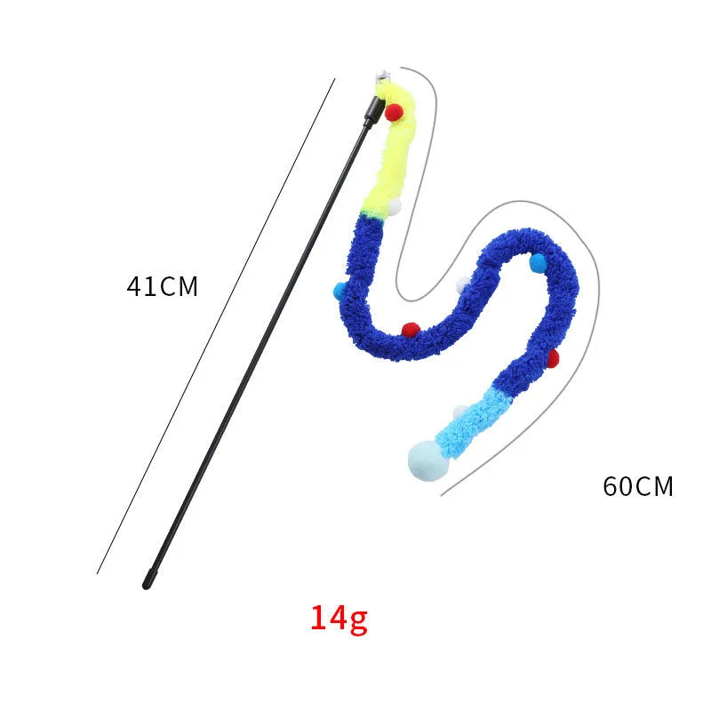 Blue green pink plush strip cat wand toy with 41cm pole and 60cm colourful strip with fluffy bell ball