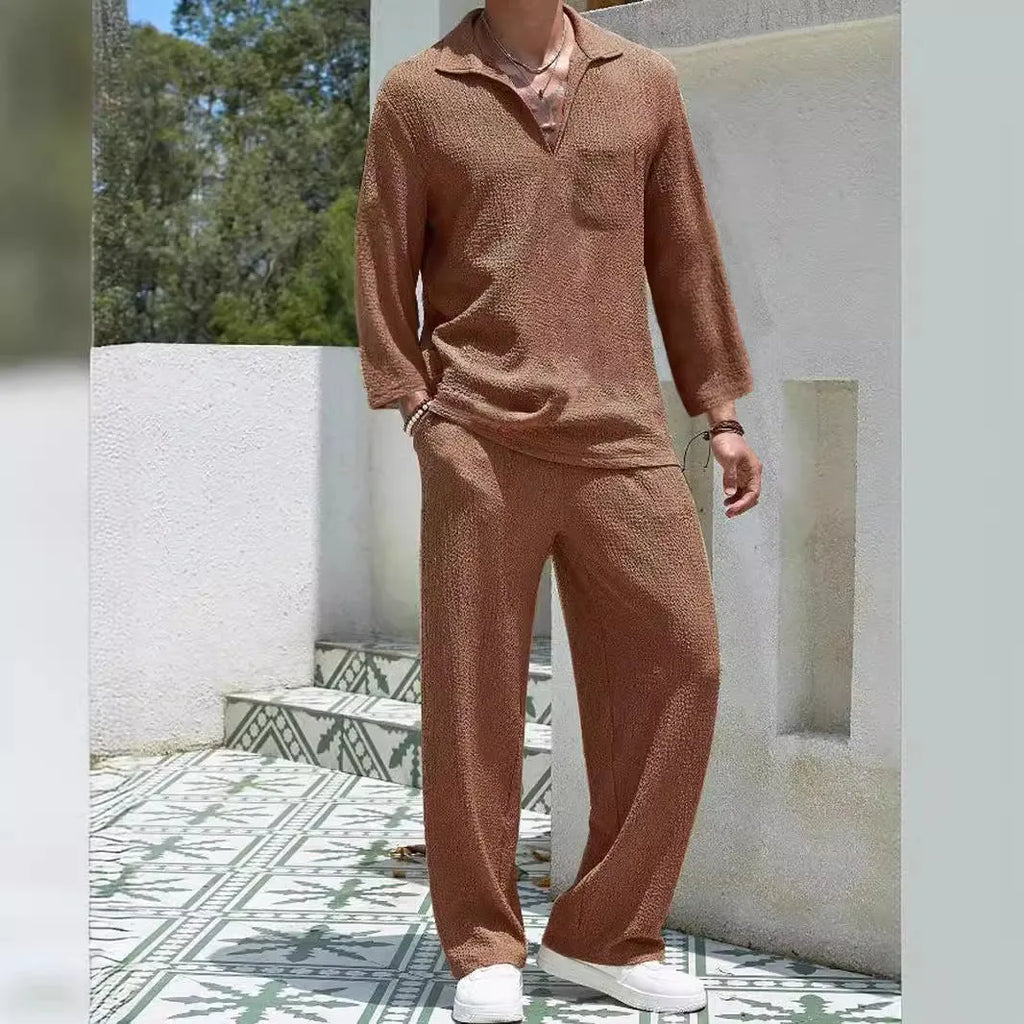 Men's casual polyester shirt and trousers suit set in lake blue colour.