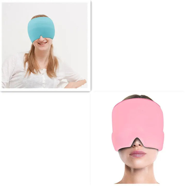 Black adjustable cold compress gel eye mask for headache relief on a plain background.