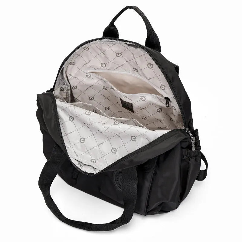 Women's lightweight nylon backpack in black, khaki, or green letter rabbit colours showing sandwich pocket design