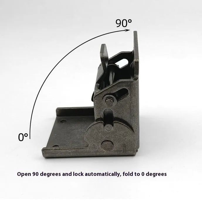 Close-up of a self-locking furniture folding hinge in an electroplated finish, set at a 90-degree angle.