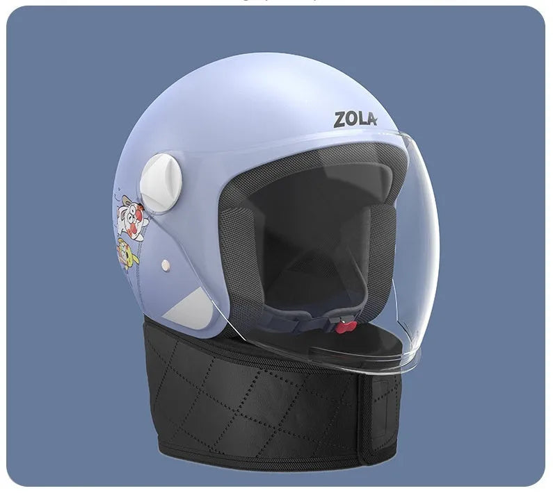Blue winter electric bicycle helmet with anti-fog visor and attached neck scarf.
