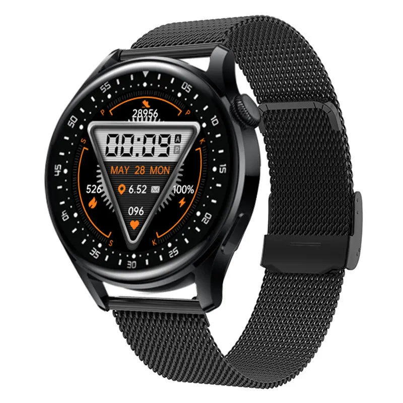 Sports smart watch with circular touchscreen display showing health metrics and payment interface