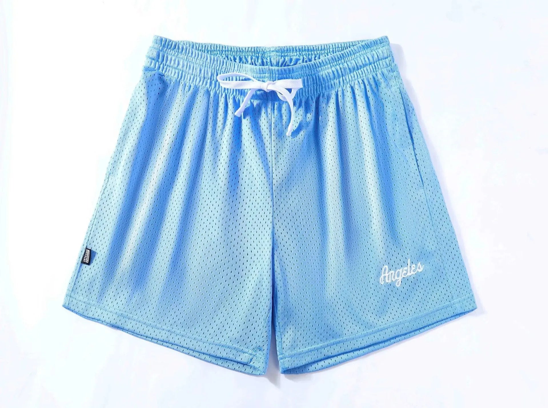 Men's double-layer mesh sports shorts in various colours on a size chart background.