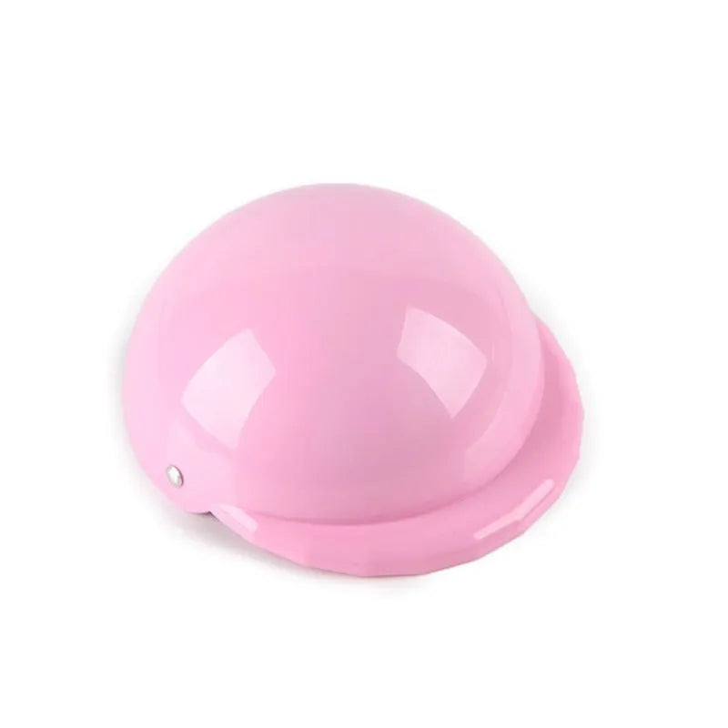 Plastic dog motorcycle cap helmet shown in multiple colours with Japanese style design