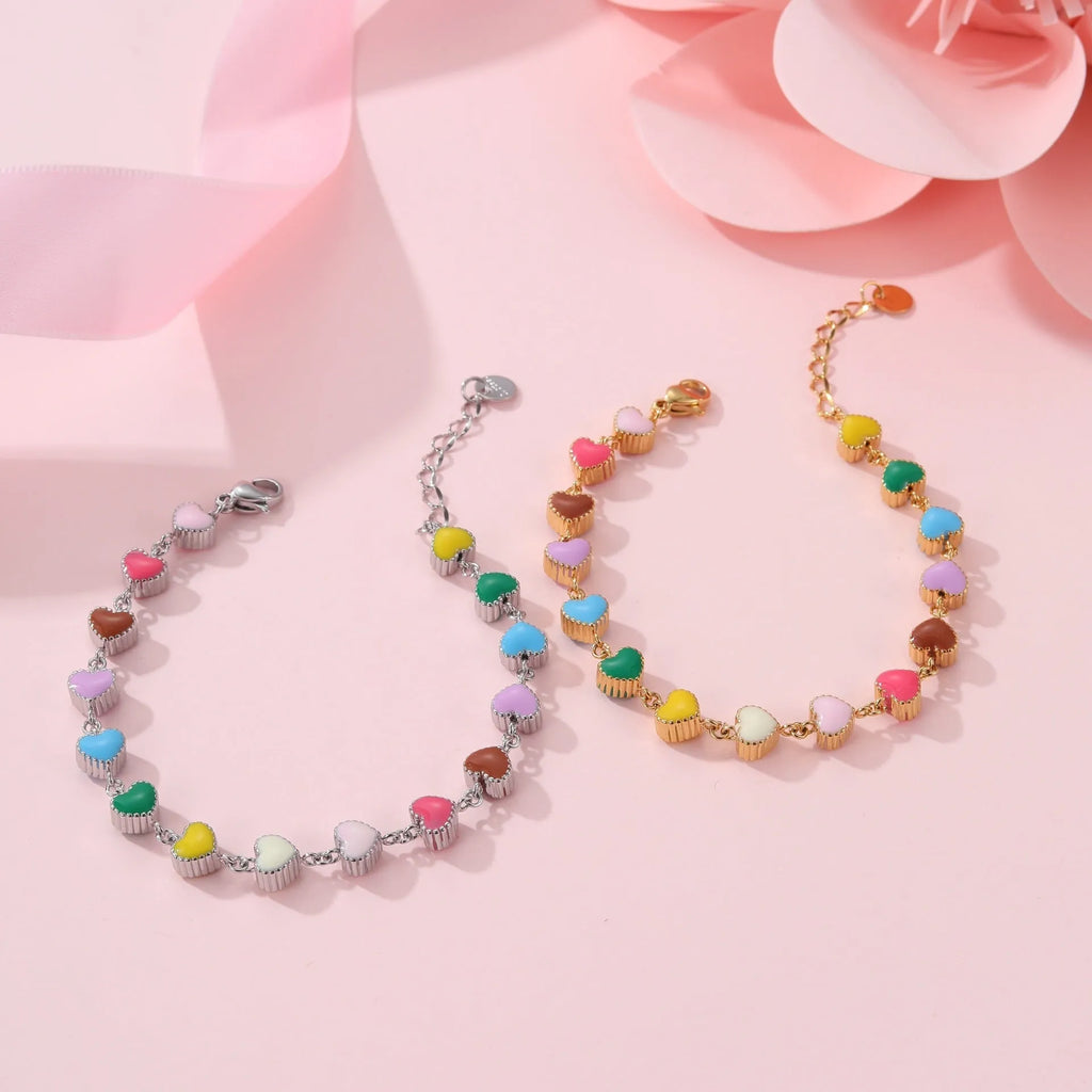 Love heart-shaped stainless steel bracelet with colourful oil titanium electroplated finish in gold colour