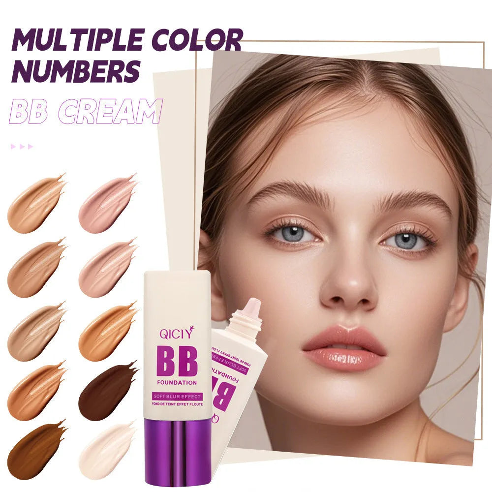 Feeding bottle design BB cream liquid foundation with brightening repair, showing 10 shade options.
