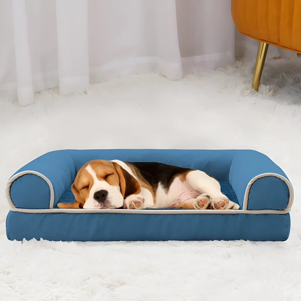 Square cloth dog bed with sponge insert, shown in dark grey colour