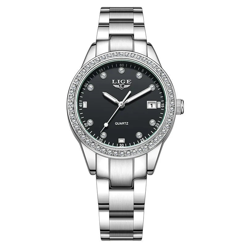 Women's fashion quartz watch with stainless steel case, diamond bezel, and luminous hands in silver colour options