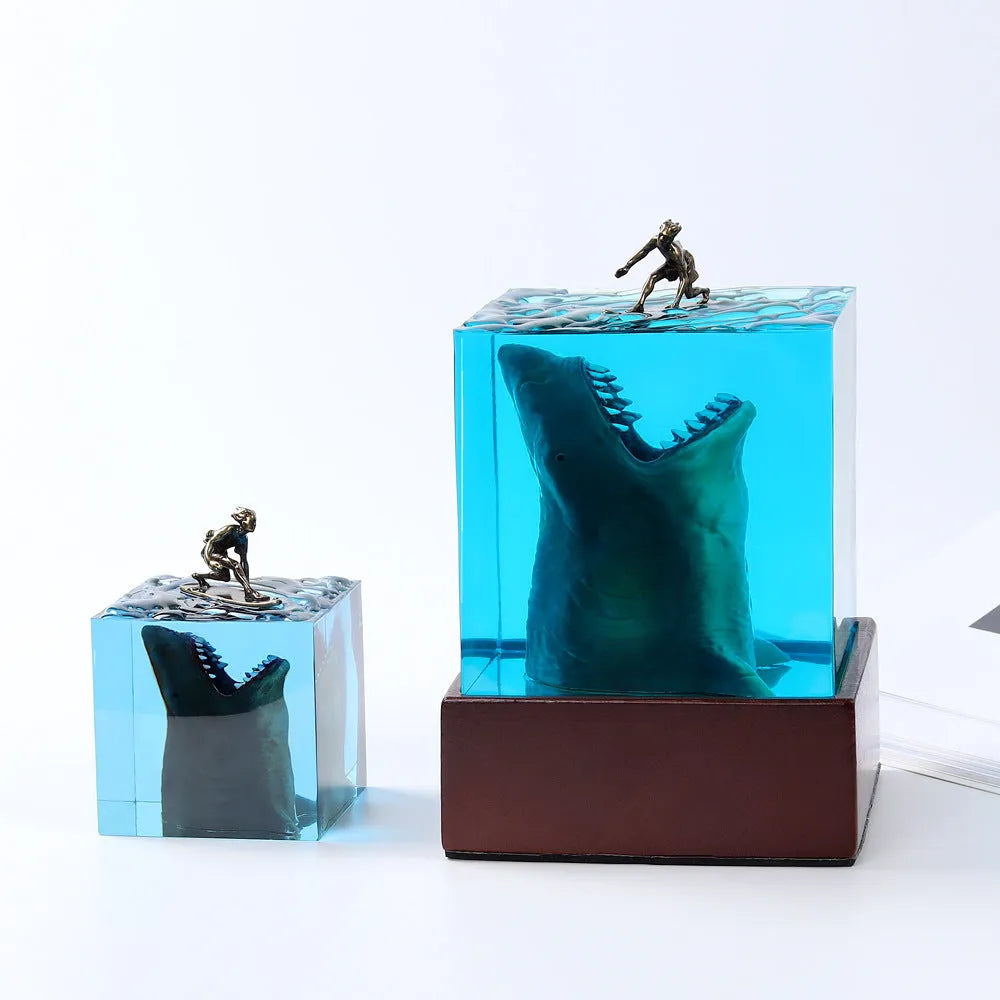Clear epoxy resin shark surfer night light ornament with LED, modern design in 5cm or 8cm size.